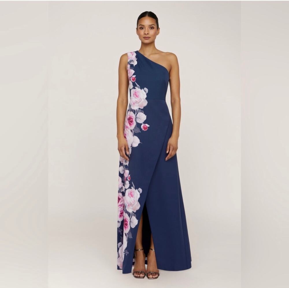 Kay Unger Carissa Floral One-Shoulder Gown Navy Pink size 8 (new)
